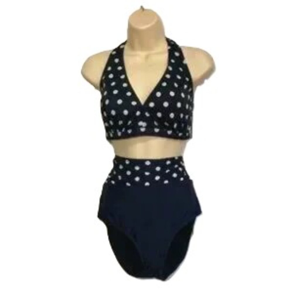 SWIMSUITS FOR ALL Black with White Polka Dot Bikini Womens 12